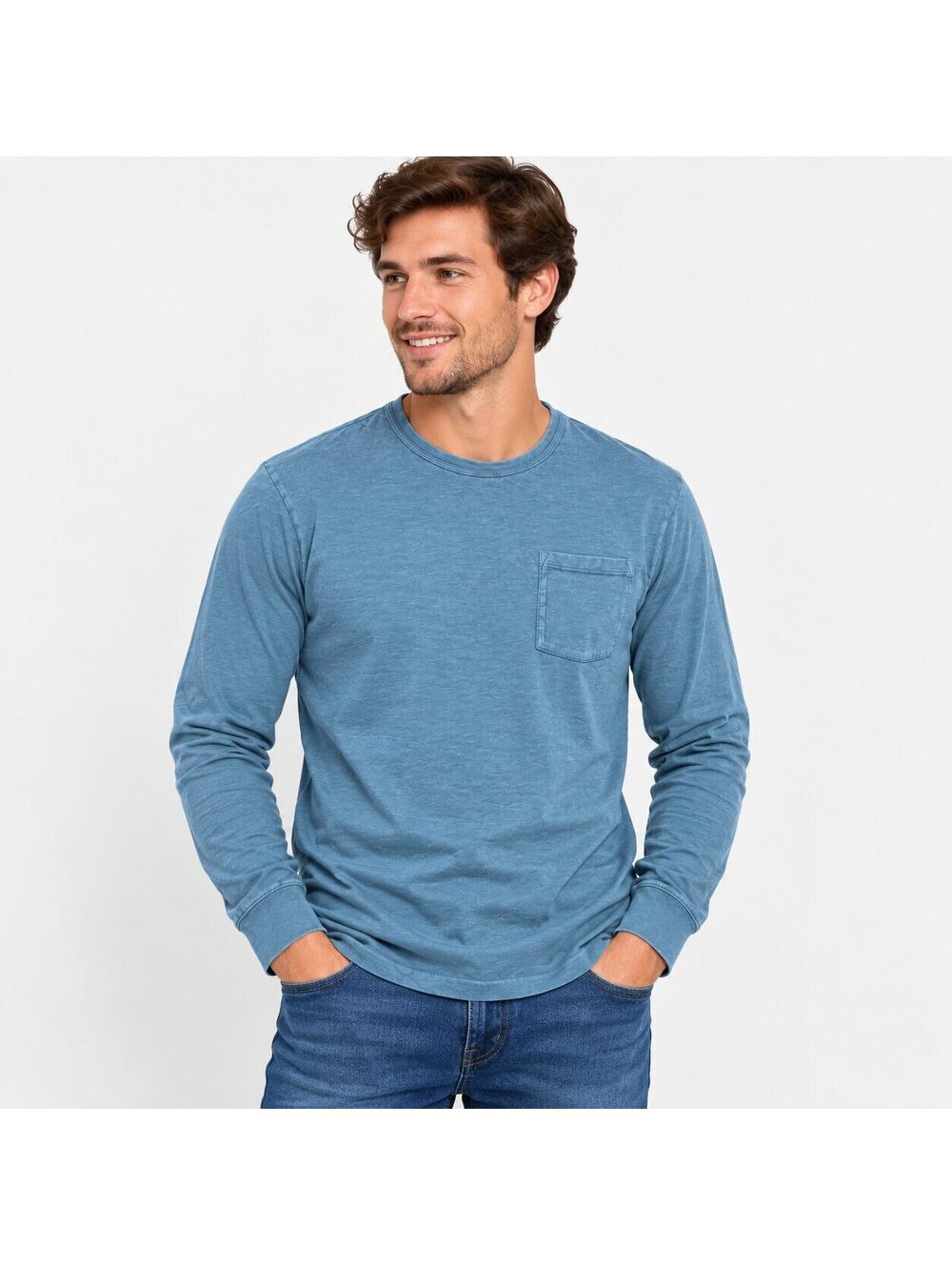 J.Crew Men's Medium Garment Dyed Blue Slub Cotton Long Sleeve Pocket T-Shirt